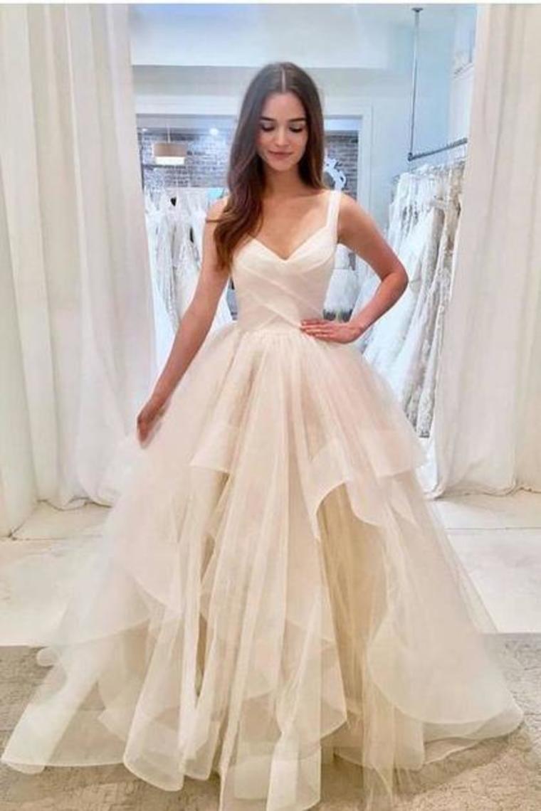 Tulle V Neck Straps Wedding Dresses Long Cheap Prom Dresses Ruffles