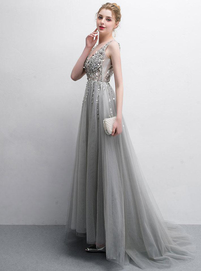 Gray A Line Tulle V Neck Sequin Long Prom Dresses