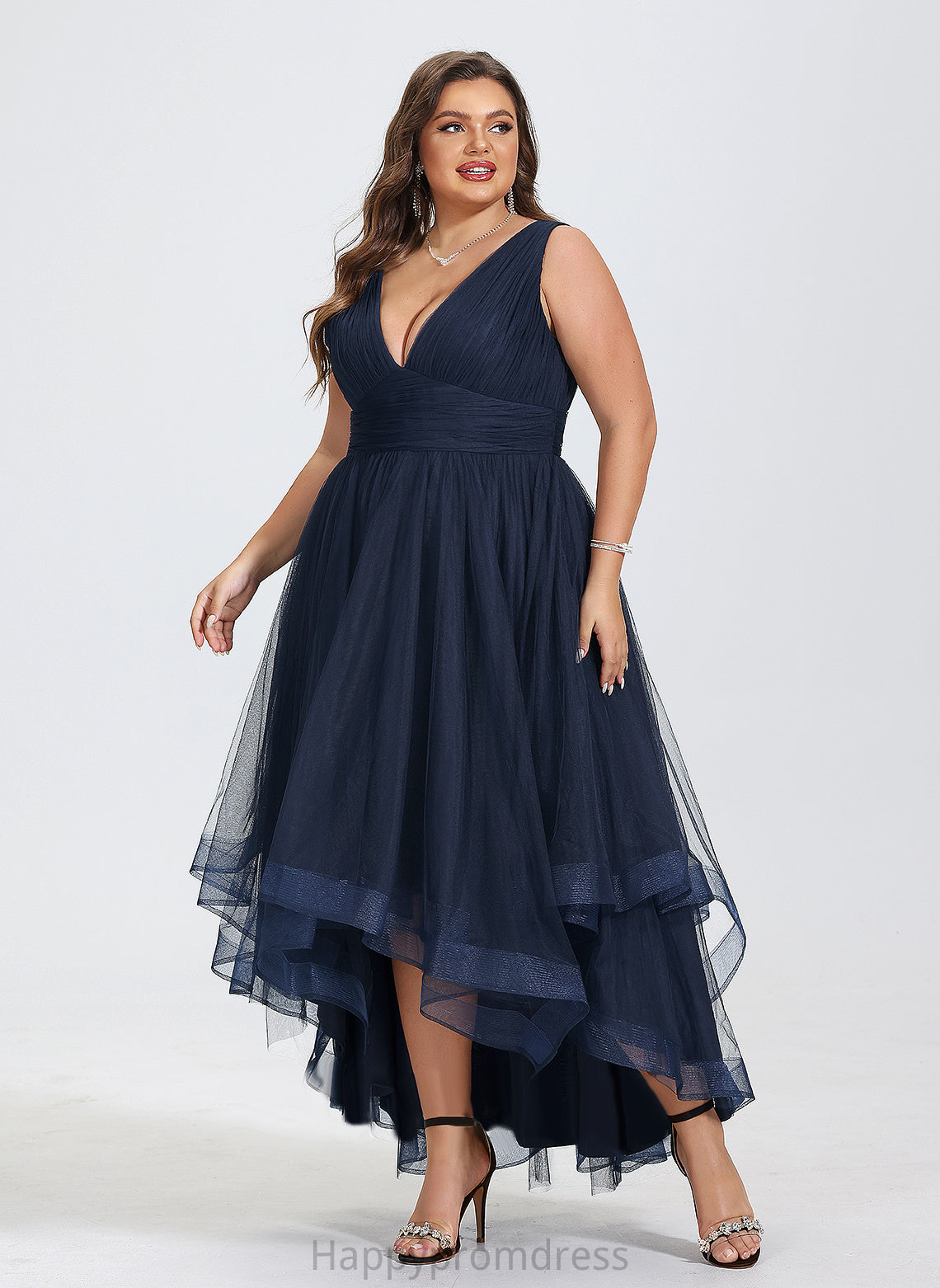 Adrienne Asymmetrical Tulle Cascading V-neck With A-Line Dress Pleated Cocktail Cocktail Dresses Ruffles