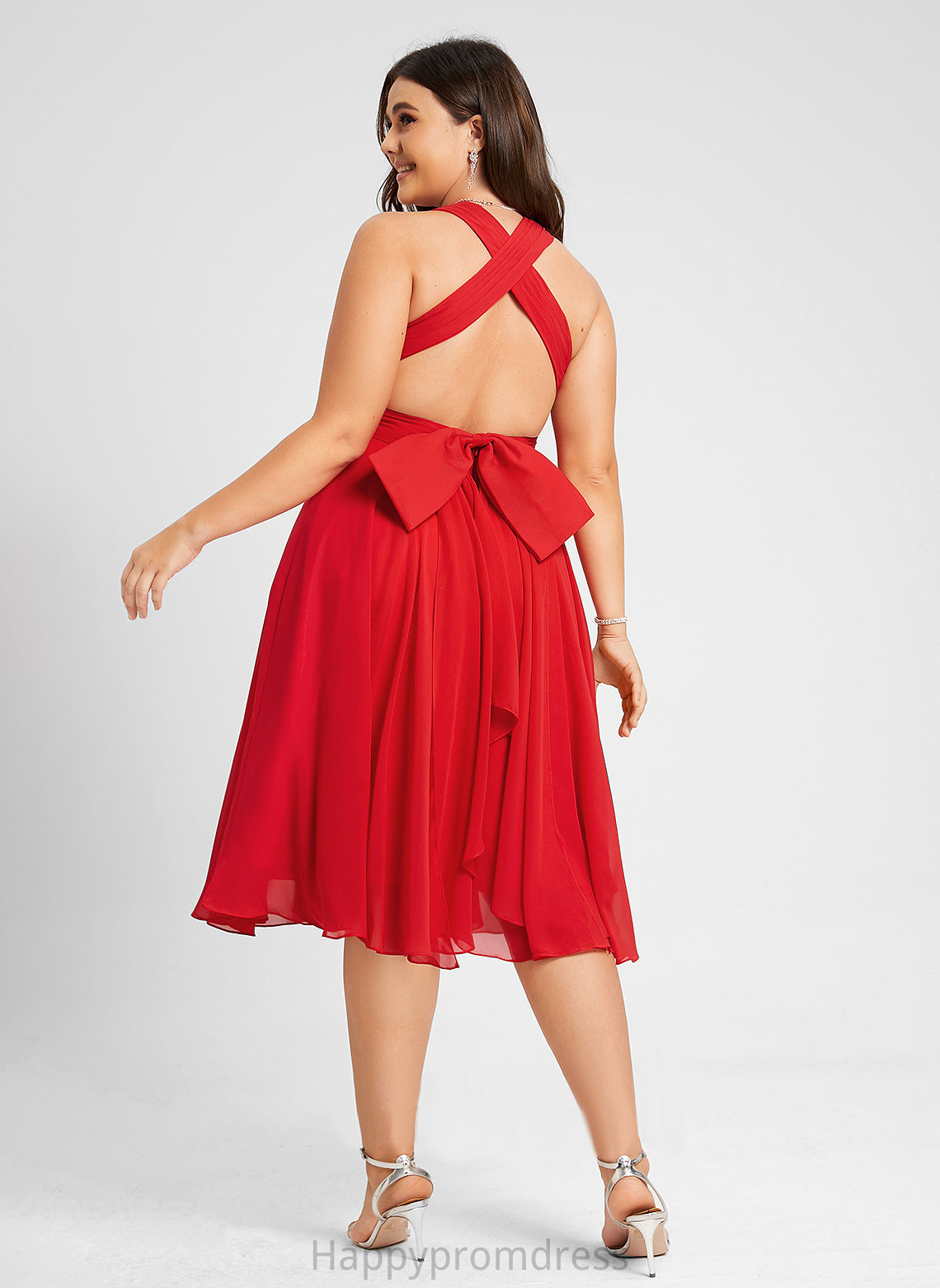 Dress Chiffon Moriah Ruffle Knee-Length With Cocktail Bow(s) A-Line V-neck Cocktail Dresses