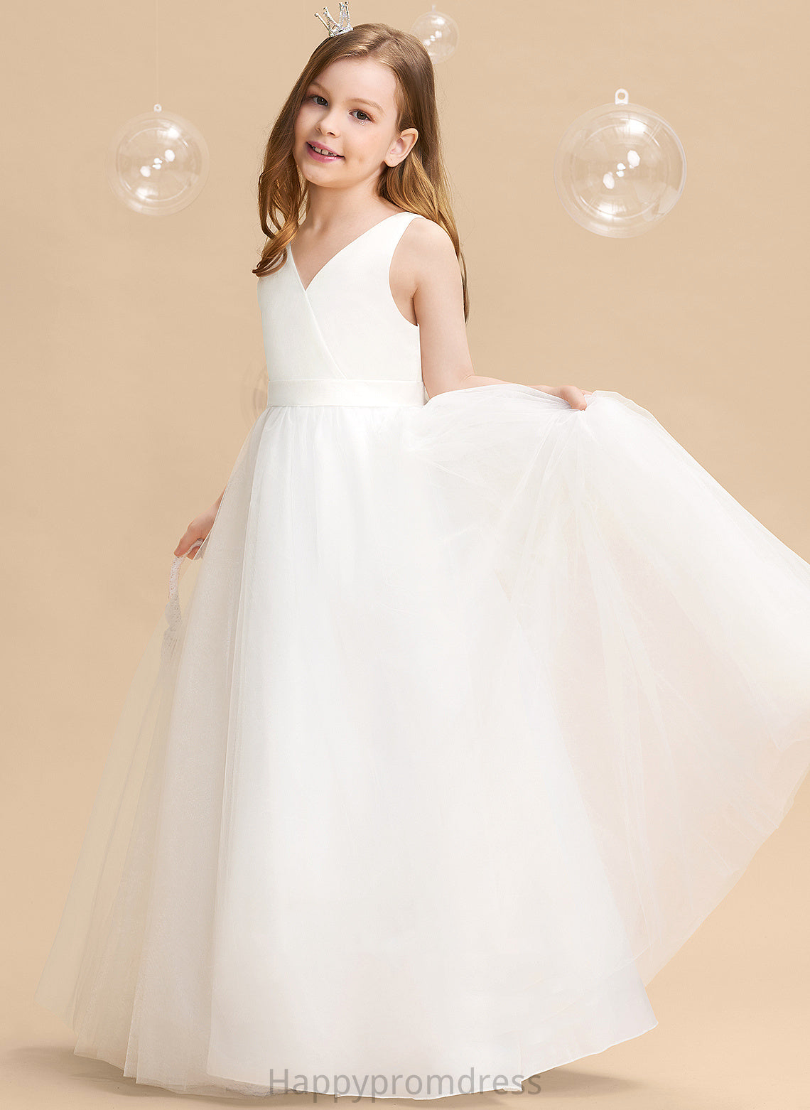 V-neck Bow(s)/V Floor-length Evie - Back Flower Tulle Ball-Gown/Princess Girl Flower Girl Dresses With Sleeveless Dress