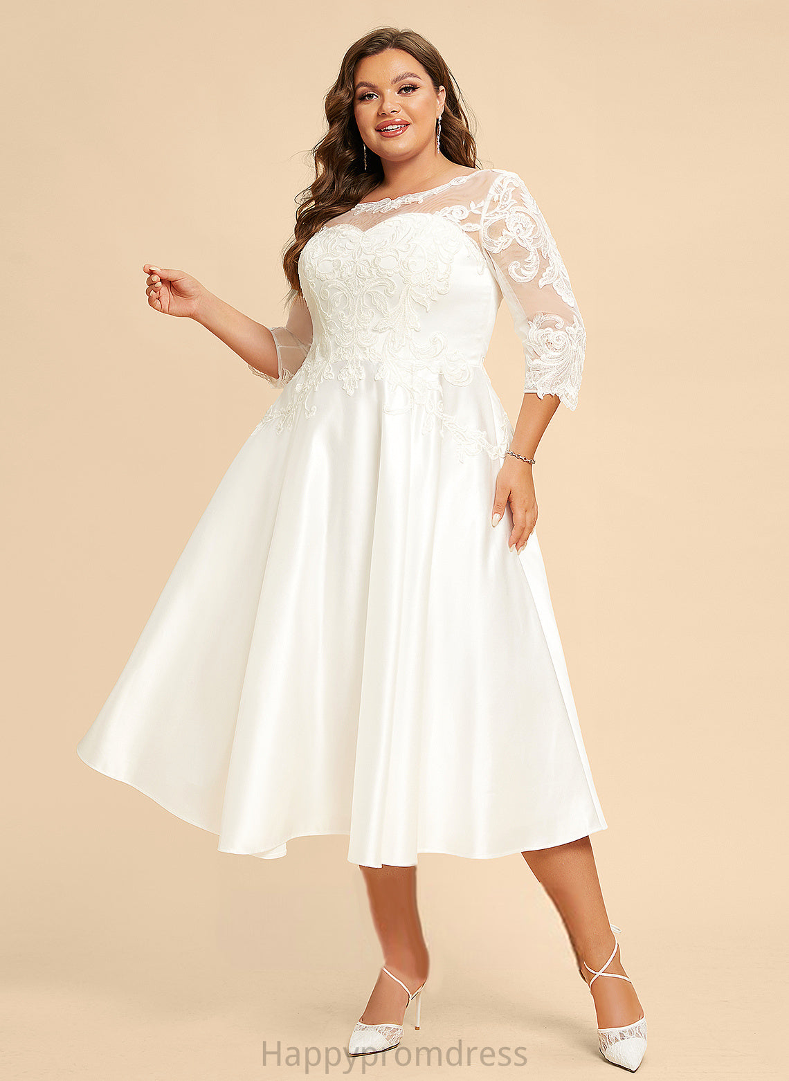 Illusion A-Line Lace With Satin Wedding Tea-Length Wedding Dresses Dress Louisa