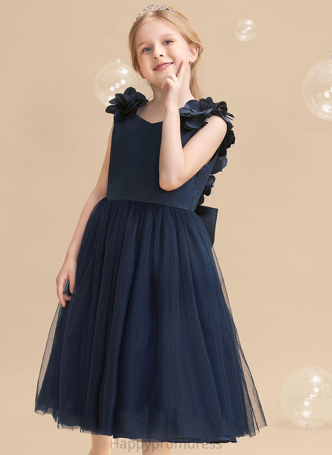 - With Flower(s)/Bow(s) Flower Satin/Tulle Flower Girl Dresses Nora V-neck A-Line Girl Dress Sleeveless Tea-length