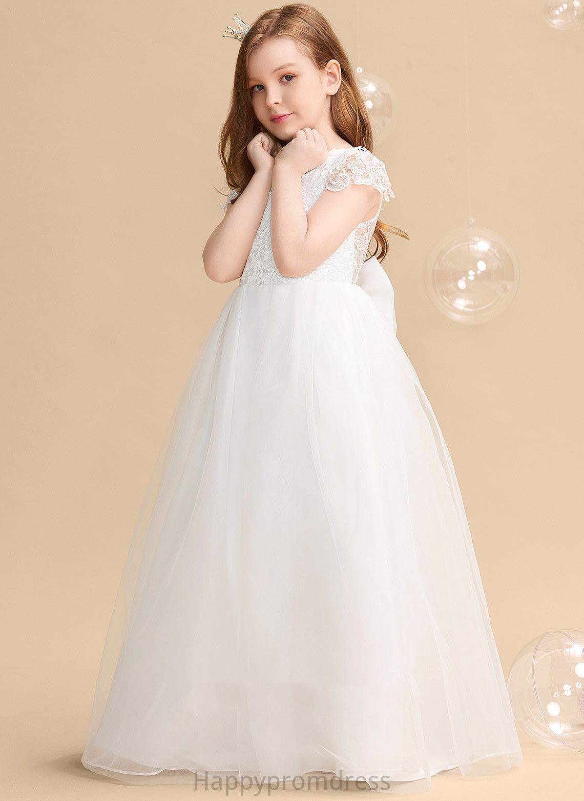 Tulle/Lace Short Ball-Gown/Princess Bow(s) Scoop Girl Flower With Anabel - Sleeves Dress Flower Girl Dresses Neck Floor-length