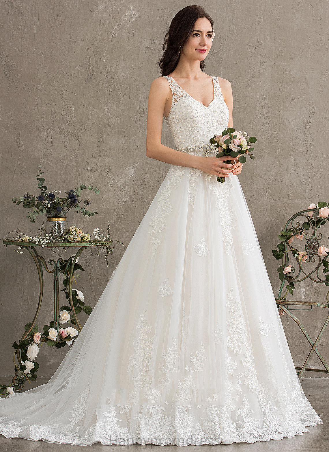 Wedding Dress Tulle Wedding Dresses With Train Beading Lace Jakayla Court Sequins V-neck Ball-Gown/Princess