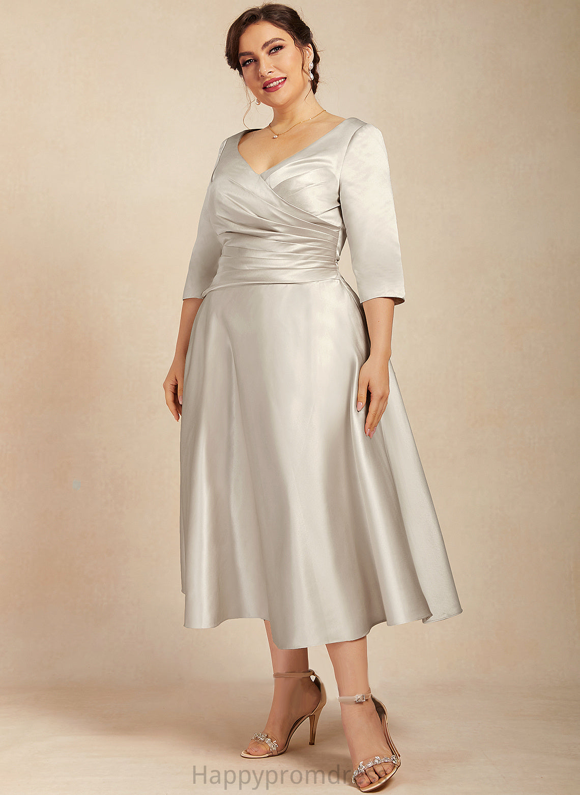 Bride Mother of the Bride Dresses Satin Mother Brenda A-Line With Ruffle Tea-Length V-neck Dress of the