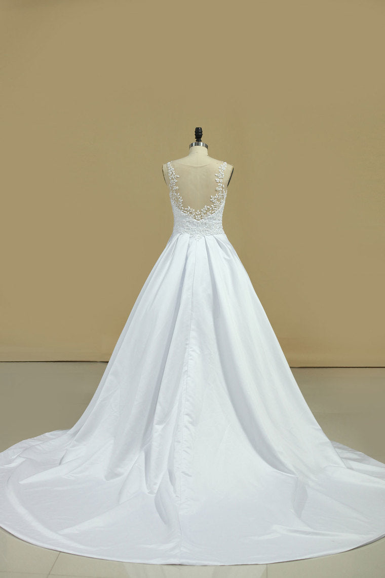 2024 A Line Scoop Wedding Dresses Satin With Beading Chaple Train