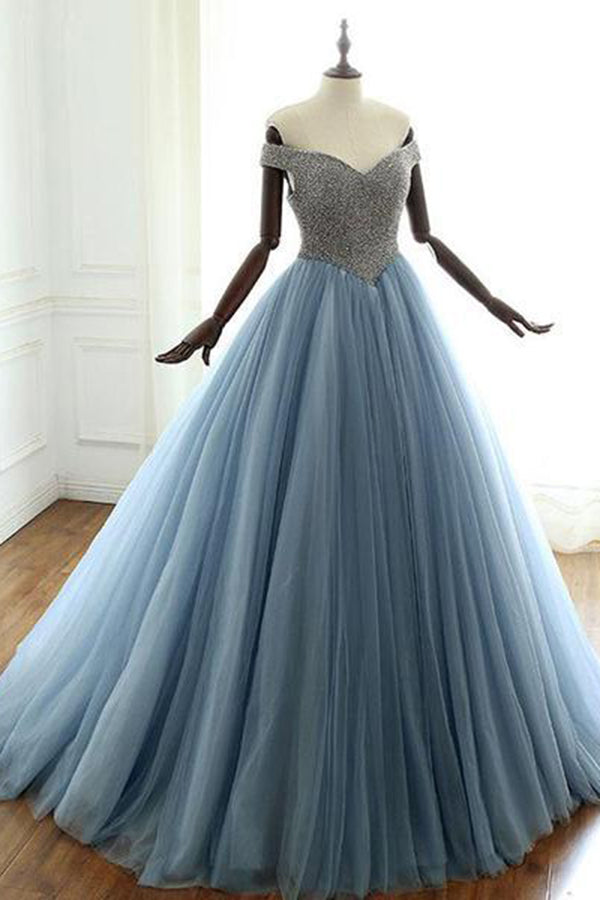 Sweethrart Off the Shoulder With Tulle Ball Gown Long Prom Dresses