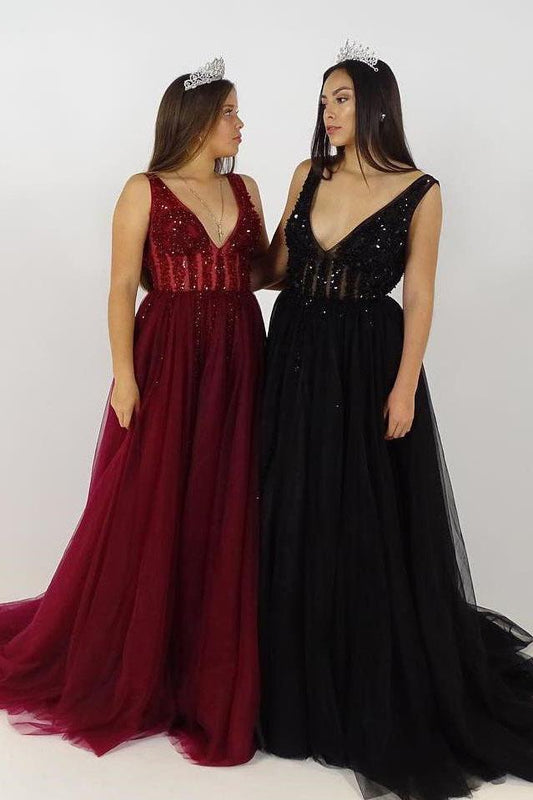 Burgundy V Neck Tulle A-line Beaded Long Prom Dresses