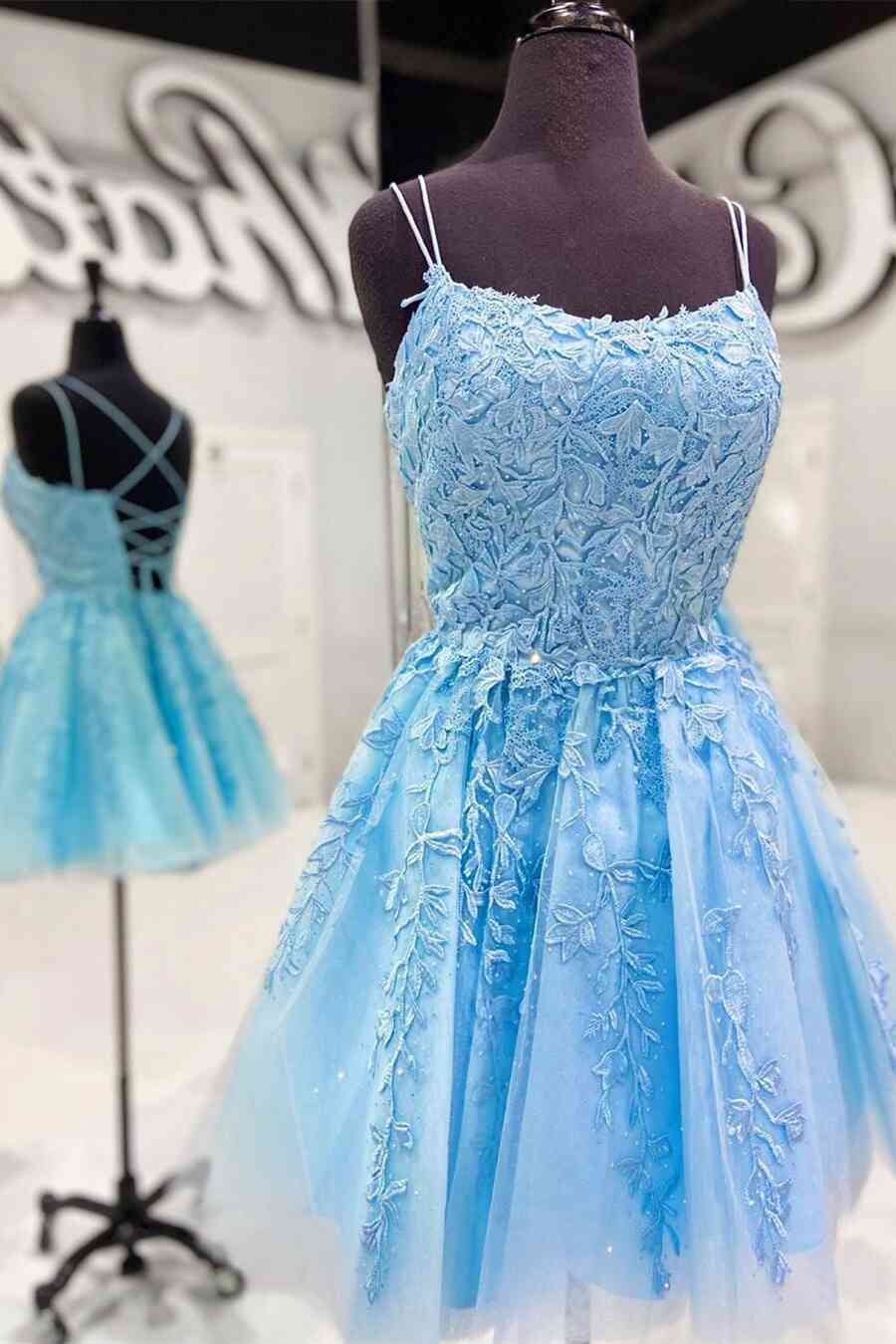 Blue A-line Spaghetti Straps Lace Short Prom Dresses, Homecoming Dresses