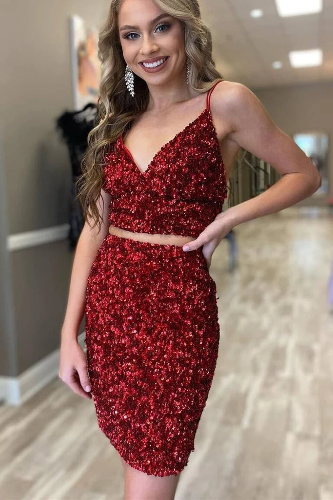 Two Piece Spaghetti Strap V Neck Sequins Short Homecoming Dresses