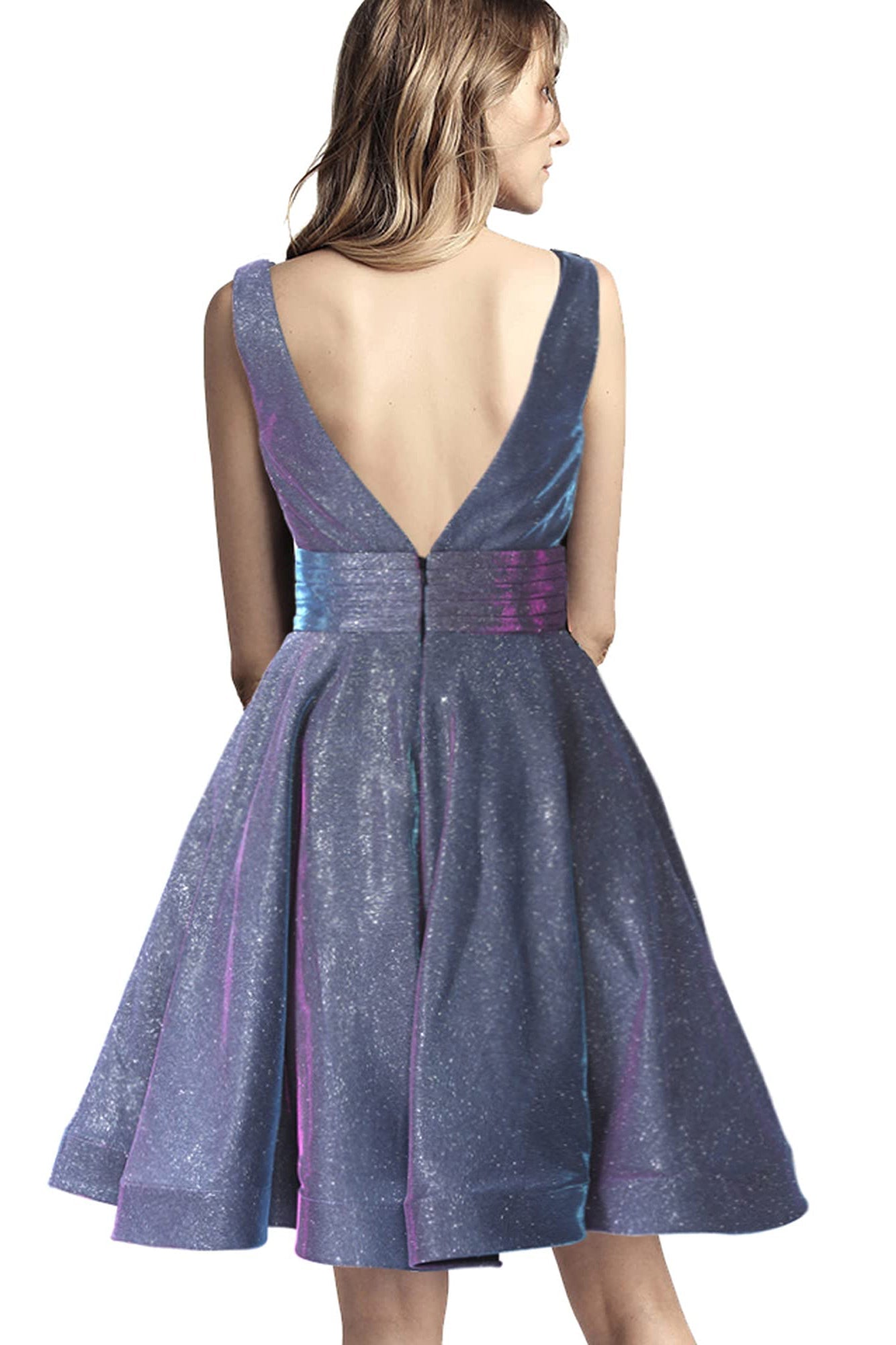 Grey V Neck Sleeveless A Line Backless Homecoming Dresses With Pockets