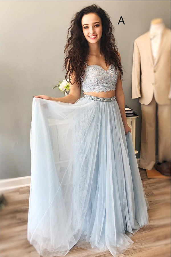 Elegant A Line Two Piece Spaghetti Straps Tulle Prom Dresses