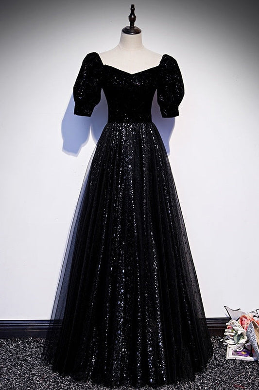 Modest Sparkly Black Long A-line Prom Dresses With Sleeves Evening Gowns