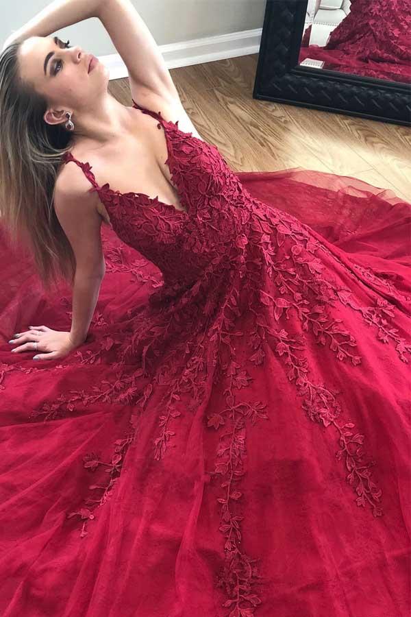 Pretty Burgundy V-neck Long Tulle Prom Dresses With Appliques