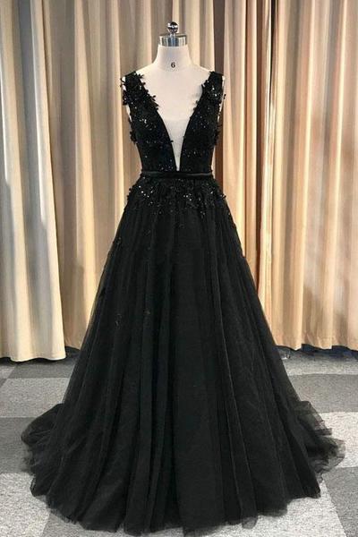 Formal Deep V-neck Long Black Party Prom Dresses With Lace Appliques