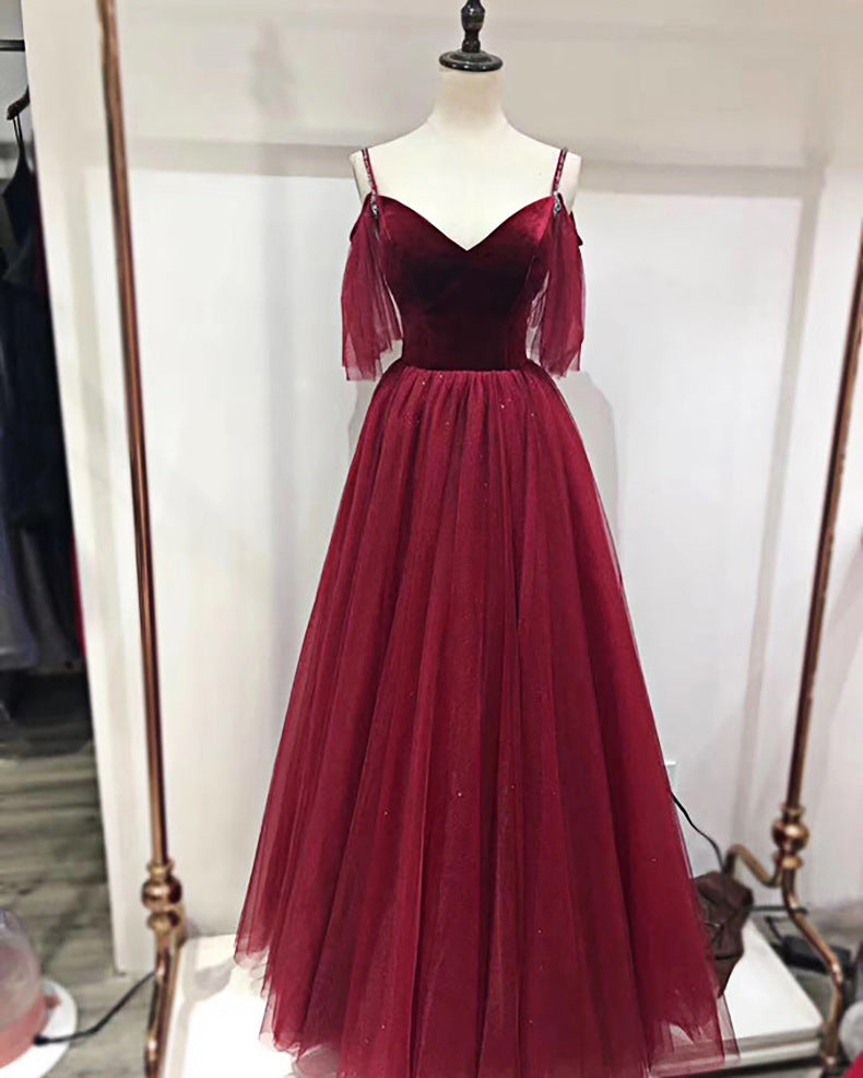 Spaghetti Straps Flowy Burgundy Long A-line Simple Princess Prom Dresses