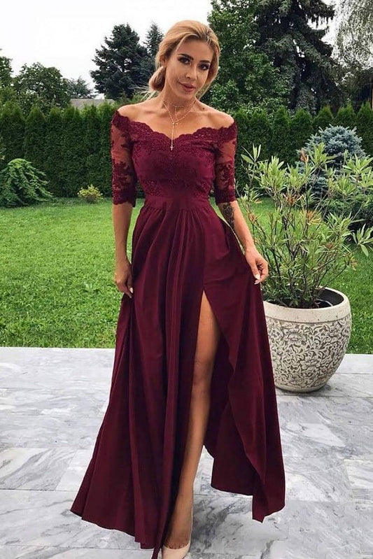 Modest Front Split Simple A-line Lace Prom Dresses Women Dresses Party Prom Gowns