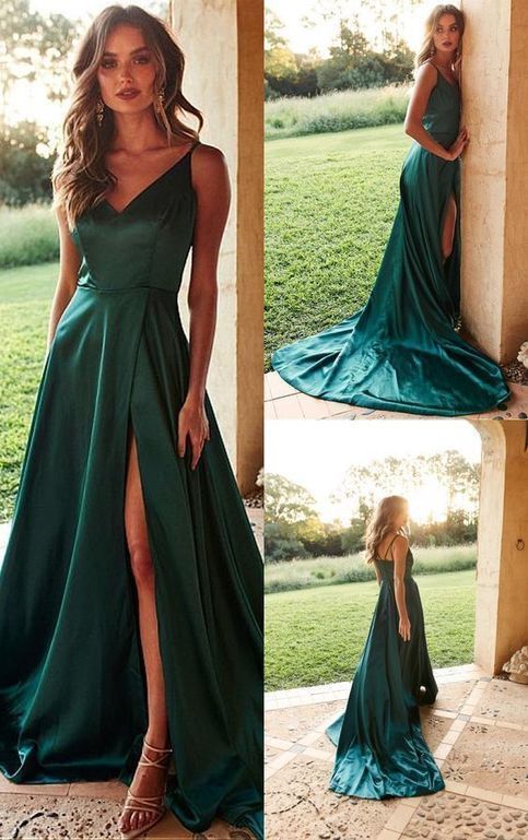 Spaghetti Straps Long Front Split V-neck Prom Dresses Simple Prom Dresses