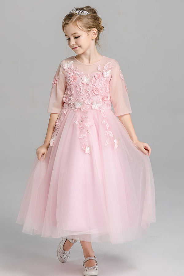 A Line Round Neck 3/4 Sleeves With Appliques Tea Length Flower Girl Dresses