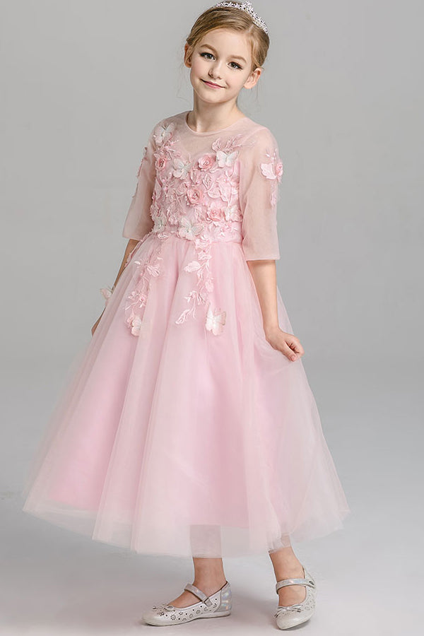 A Line Round Neck 3/4 Sleeves With Appliques Tea Length Flower Girl Dresses