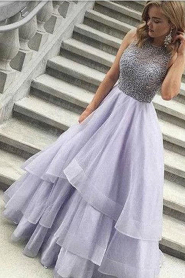 Princess A Line Layers Tulle Appliques Beading Evening Dresses