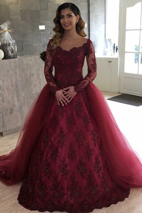 Burgundy Long Sleeve Ball Gown Illusion Bateau Quinceanera Dance Dresses with Beaded