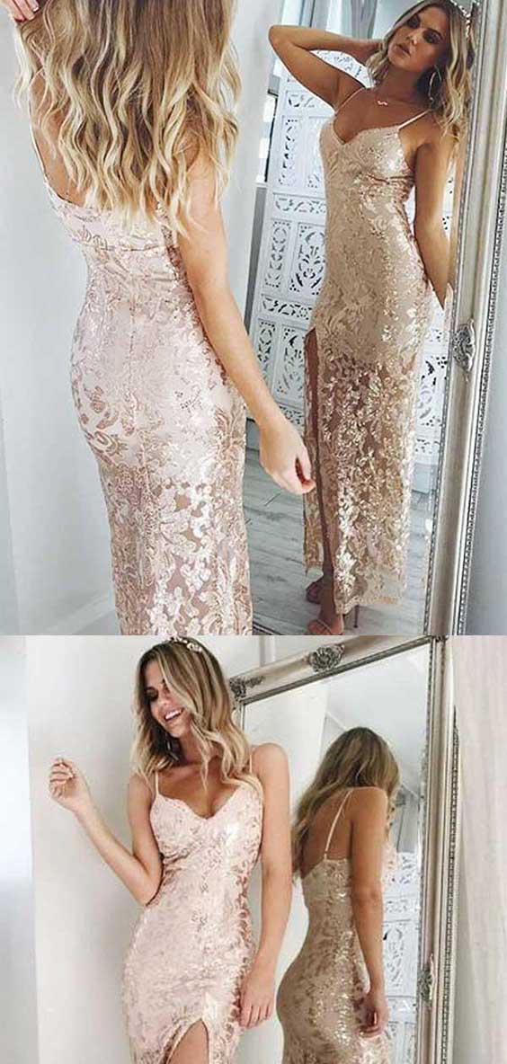 Luxury Spaghetti Straps Split Sequins With Appliques Prom Dresses