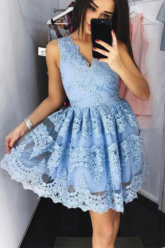 Deep V Neck Sleeveless Lace Appliques Short Homecoming Dresses