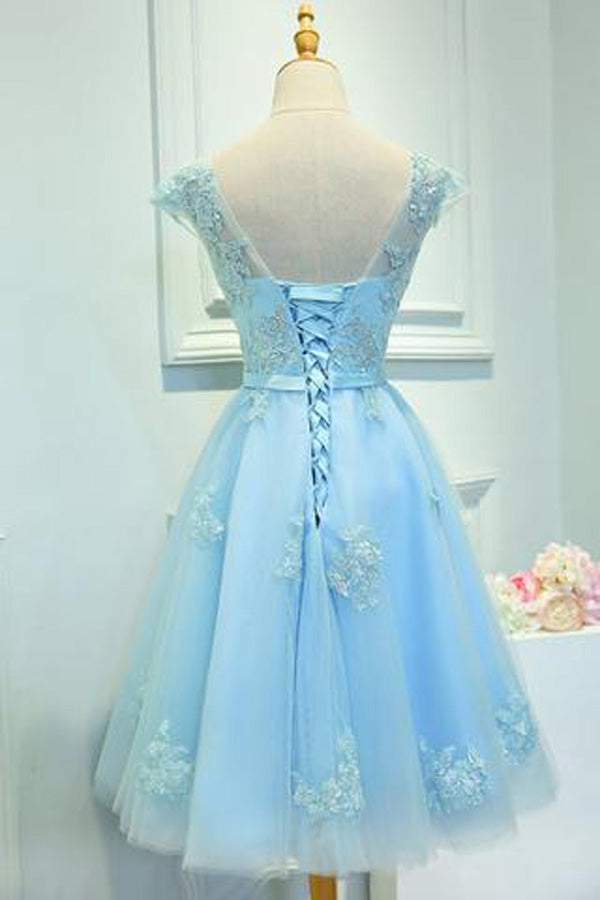 Blue Capped Sleeve Lace Appliques Short Homecoming Dresses