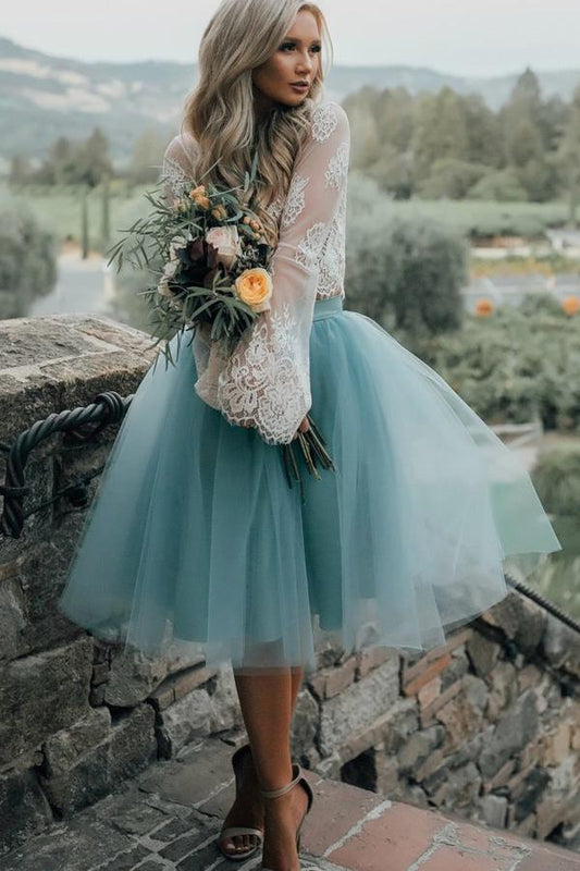 Two-Piece Long Sleeves Knee-Length Homecoming Dresses with Lace