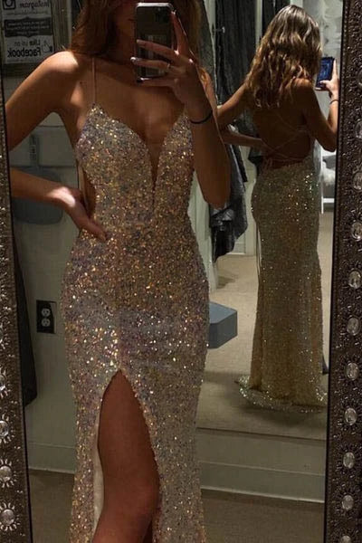 Spaghetti Straps Sparkly Sequins Long Formal Evening Gown Mermaid Prom Dresses With Slit