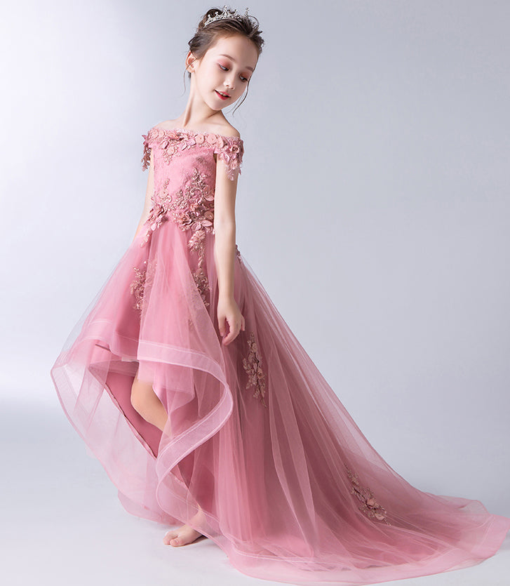 Gorgeous Off the Shoulder With Lace Appliques Sleeveless High Low Tulle Flower Girl Dresses