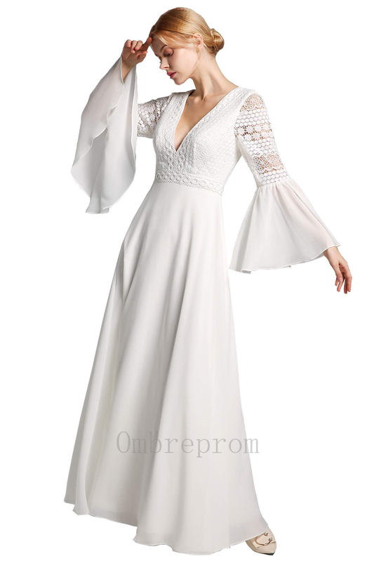 Boho Long Sleeves Lace Chiffon Zipper Back Beach Wedding Dresses