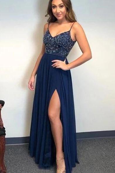 Dark Navy A-line Spaghetti Straps Backless Beaded Long Prom Dresses