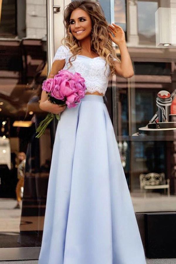 Unique Two Pieces Cap Sleeves Sweetheart Floor Length Lace Prom Dresses