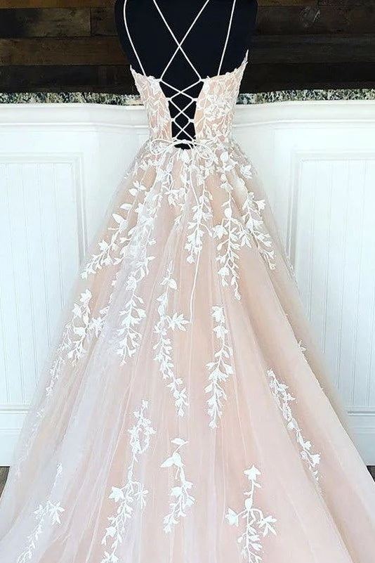 Hottest Elegant Spaghetti Straps Backless Lace Long Princess Prom Dresses For Teens