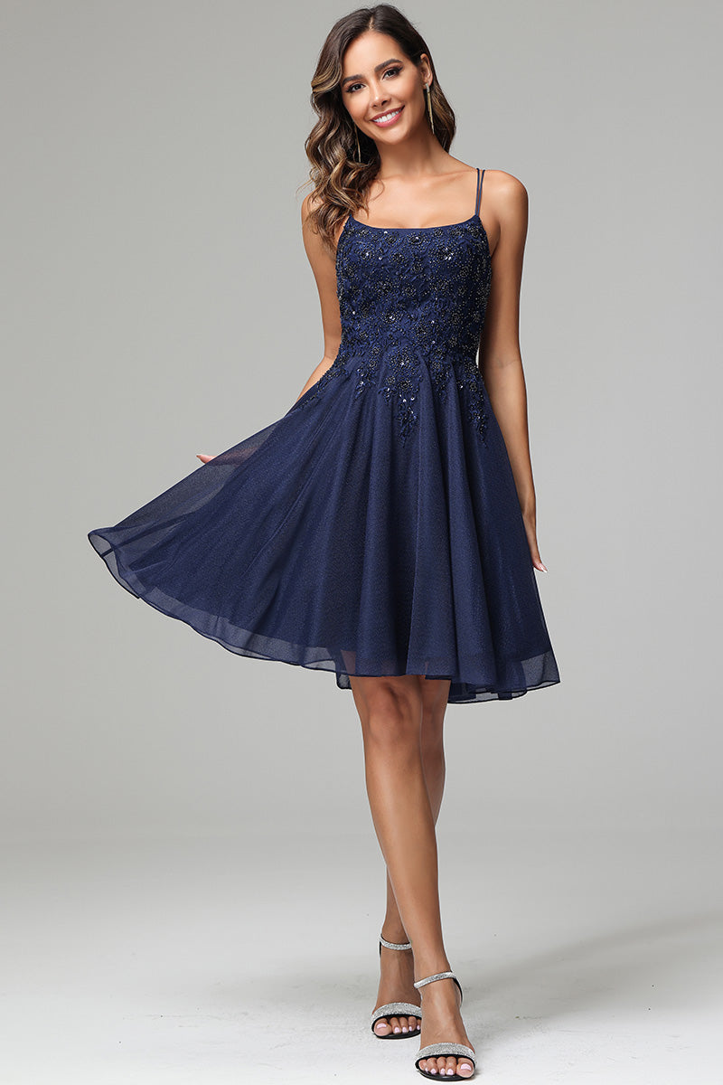 Dark Navy A-line Spaghetti Straps Chiffon Homecoming Dress with Beads