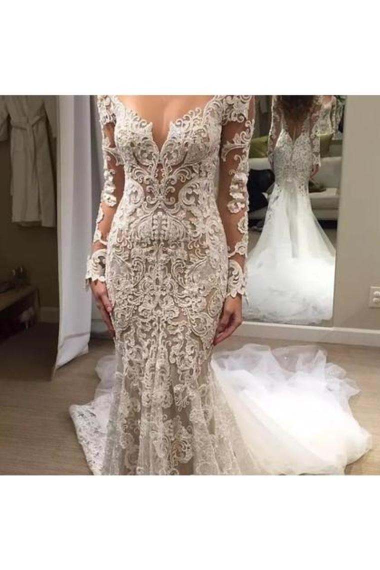 Cute Mermaid Ivory Lace Appliques V Neck Wedding Dresses Long Sleeves