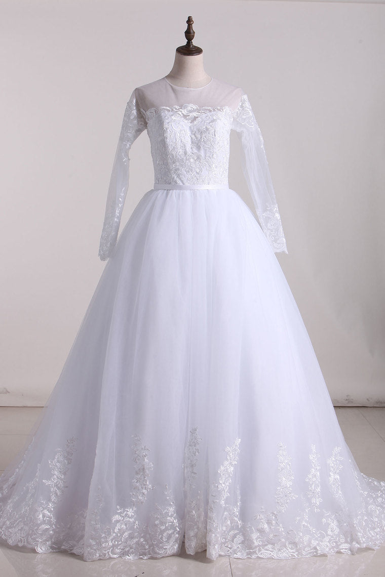 2024 A Line Scoop Long Sleeves Tulle With Applique And Sash Wedding Dresses