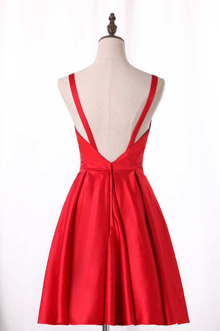 2024 V Neck Open Back A Line Satin Short/Mini Cocktail Dresses