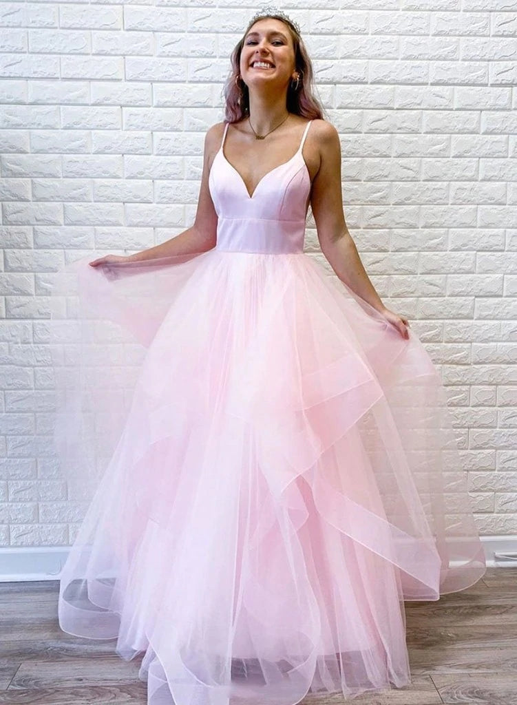 Spaghetti Straps Evening Dresses A Line Pink Tulle Long Prom Dresses With Ruffles