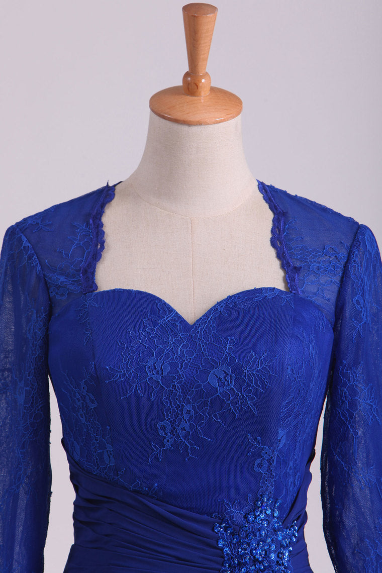 2024 Mother Of The Bride Dresses Long Sleeves Chiffon With Applique Open Back Dark Royal Blue