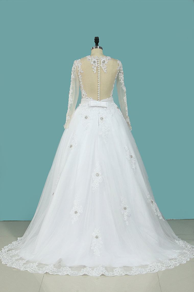 2024 A Line Scoop Wedding Dresses Long Sleeves Tulle With Applique & Beading Detachable Skirt Chapel Train