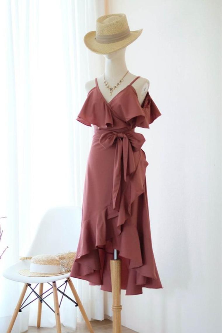 Elegant High-Low V-Neck Burgundy Homecoming Dress With Ribbon