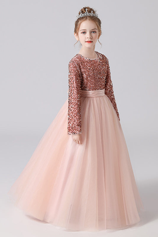 Long Sleeve Sequins Floor Length Tulle Flower Girl Dresses