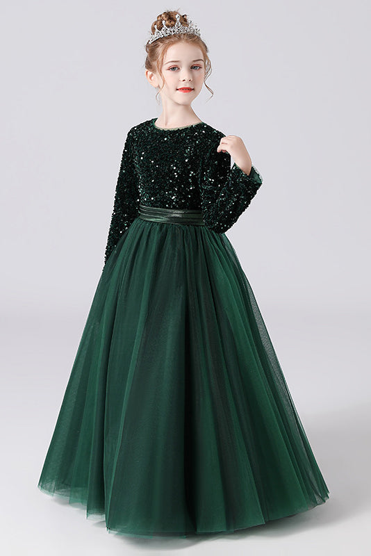 Long Sleeve Sequins Floor Length Tulle Flower Girl Dresses