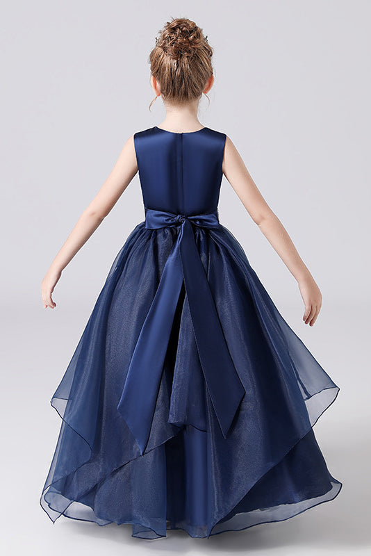 Navy Blue Stain Sleeveless Floor Length Flower Girl Dresses