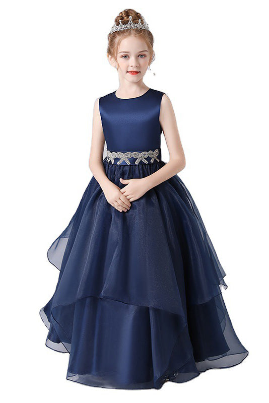 Navy Blue Stain Sleeveless Floor Length Flower Girl Dresses