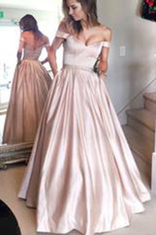 Pink Off-Shoulder Sleeveless Floor-Length Long Prom Dresses with Beading